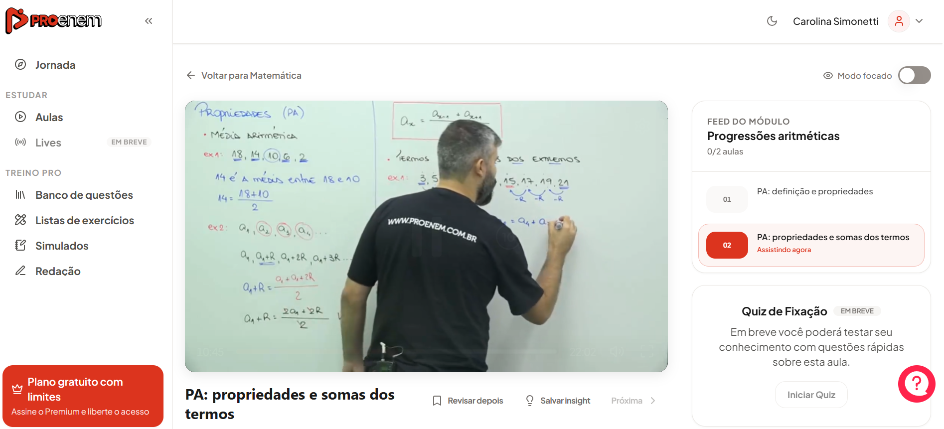 Plataforma ProEnem com aula de matemática, feed do módulo e quiz de fixação